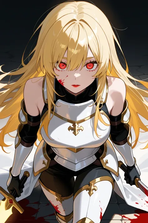 masterpiece, best quality, amazing quality, solo, 1girl,highres, hyper-detailed,blond hair,blond eye brows,long blond eye lashes,red eyes,sleepy eyes,wide eyes,makeuo,eye shadow,red lipstick,wearing white armor,coverd body,bare shoulders,golden sword,blood...