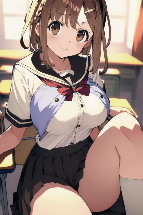 ライザリン・シュタウト,(masterpiece, best quality:1.2),2D, anime, Anime art, line art , watercolor,loli, 1 girl , chest, (large breasts),braid, (brown eyes), (brown hair), (reisalin stout), smile, solo, thighs,(school uniform:1.6), (short sleeve shirt:1.6),(skirt:1.6...