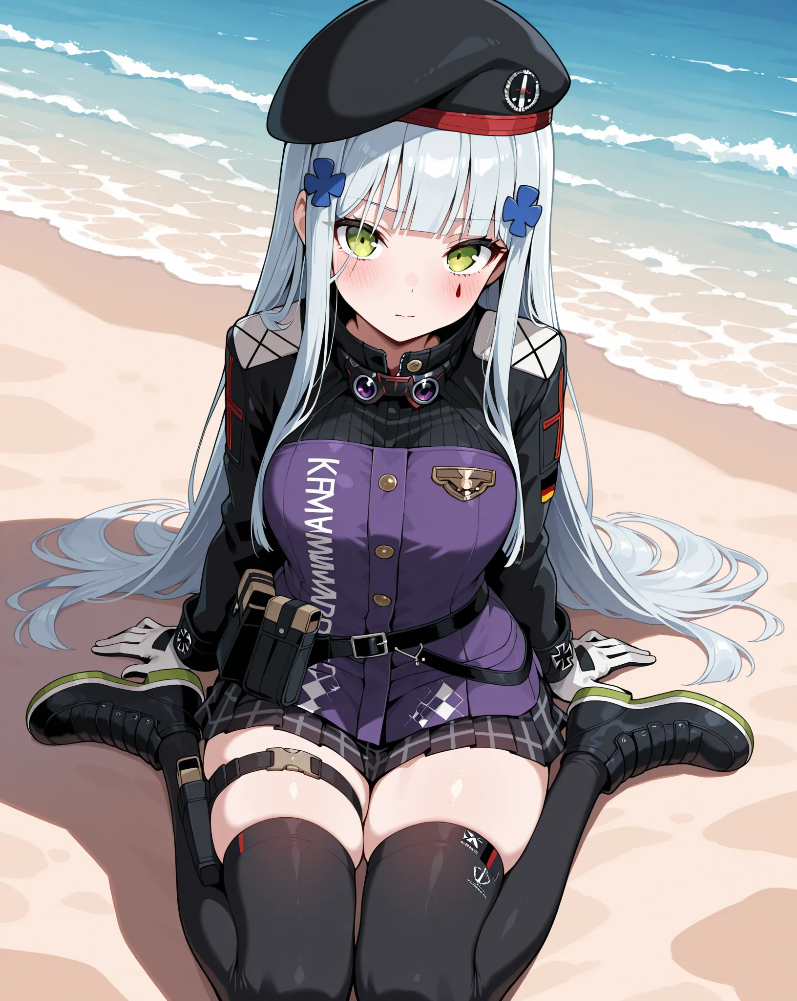 masterpiece, best quality, newest, small breasts, blush, HK416, hat,beret,black headwear,very long hair,white hair,x hair ornament,sidelocks,blunt bangs,green eyes,facial mark,teardrop, military jacket,purple jacket,clothes writing,uniform,white gloves,lon...