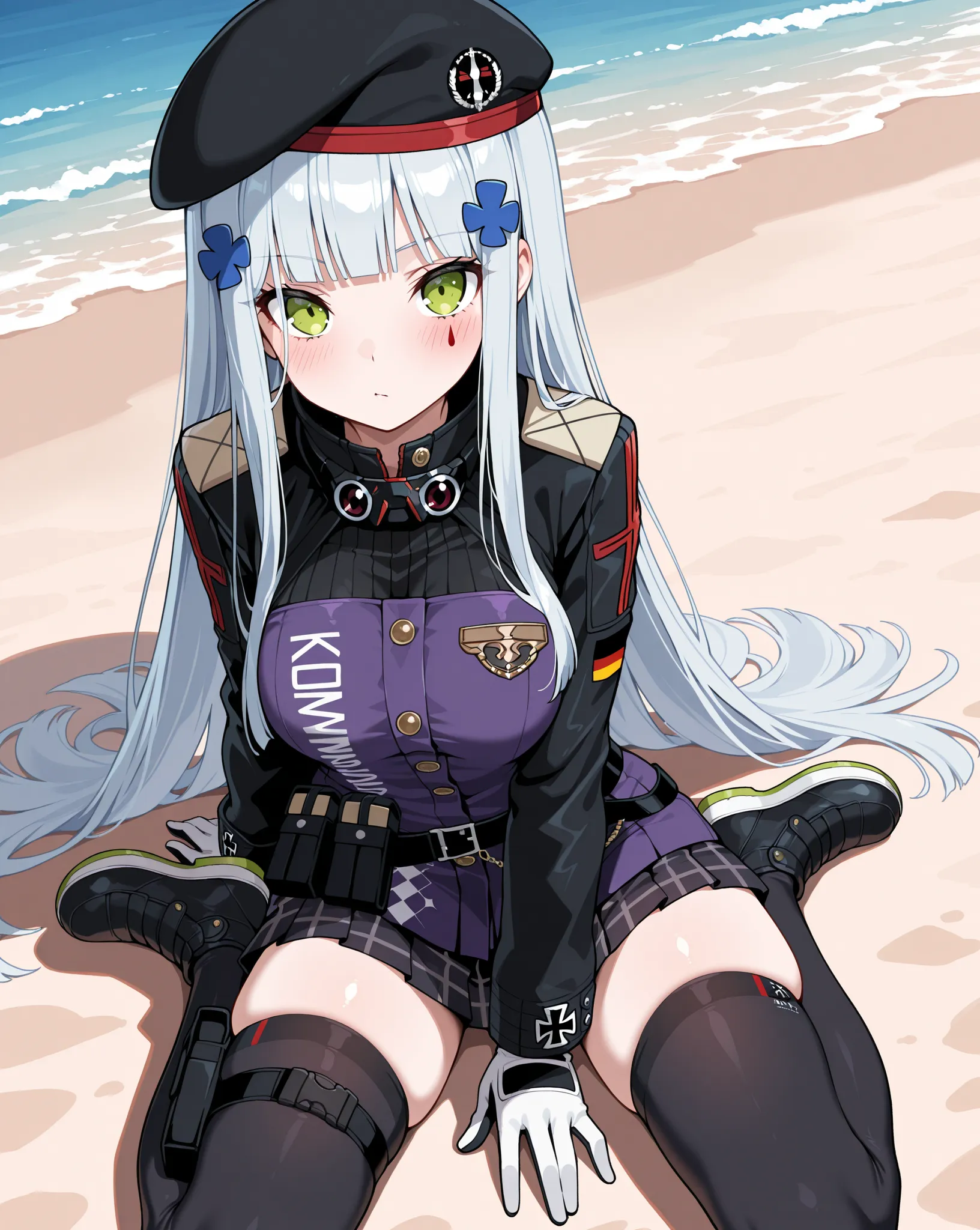 masterpiece, best quality, newest, small breasts, blush, HK416, hat,beret,black headwear,very long hair,white hair,x hair ornament,sidelocks,blunt bangs,green eyes,facial mark,teardrop, military jacket,purple jacket,clothes writing,uniform,white gloves,lon...