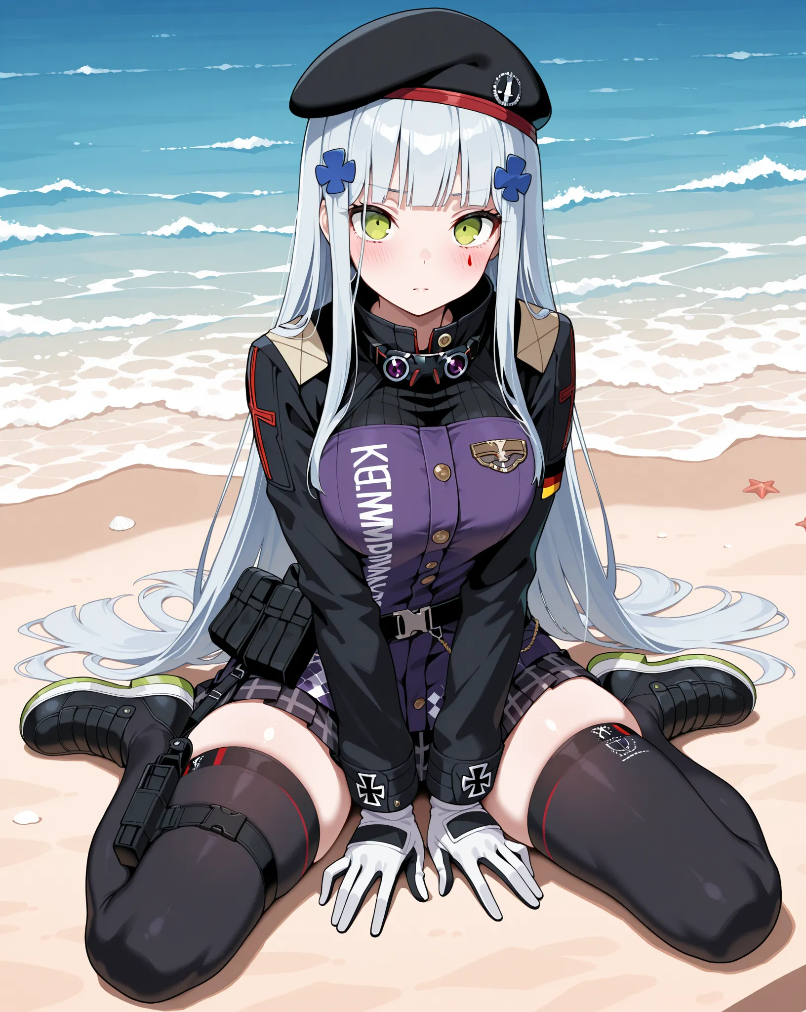 masterpiece, best quality, newest, small breasts, blush, HK416, hat,beret,black headwear,very long hair,white hair,x hair ornament,sidelocks,blunt bangs,green eyes,facial mark,teardrop, military jacket,purple jacket,clothes writing,uniform,white gloves,lon...