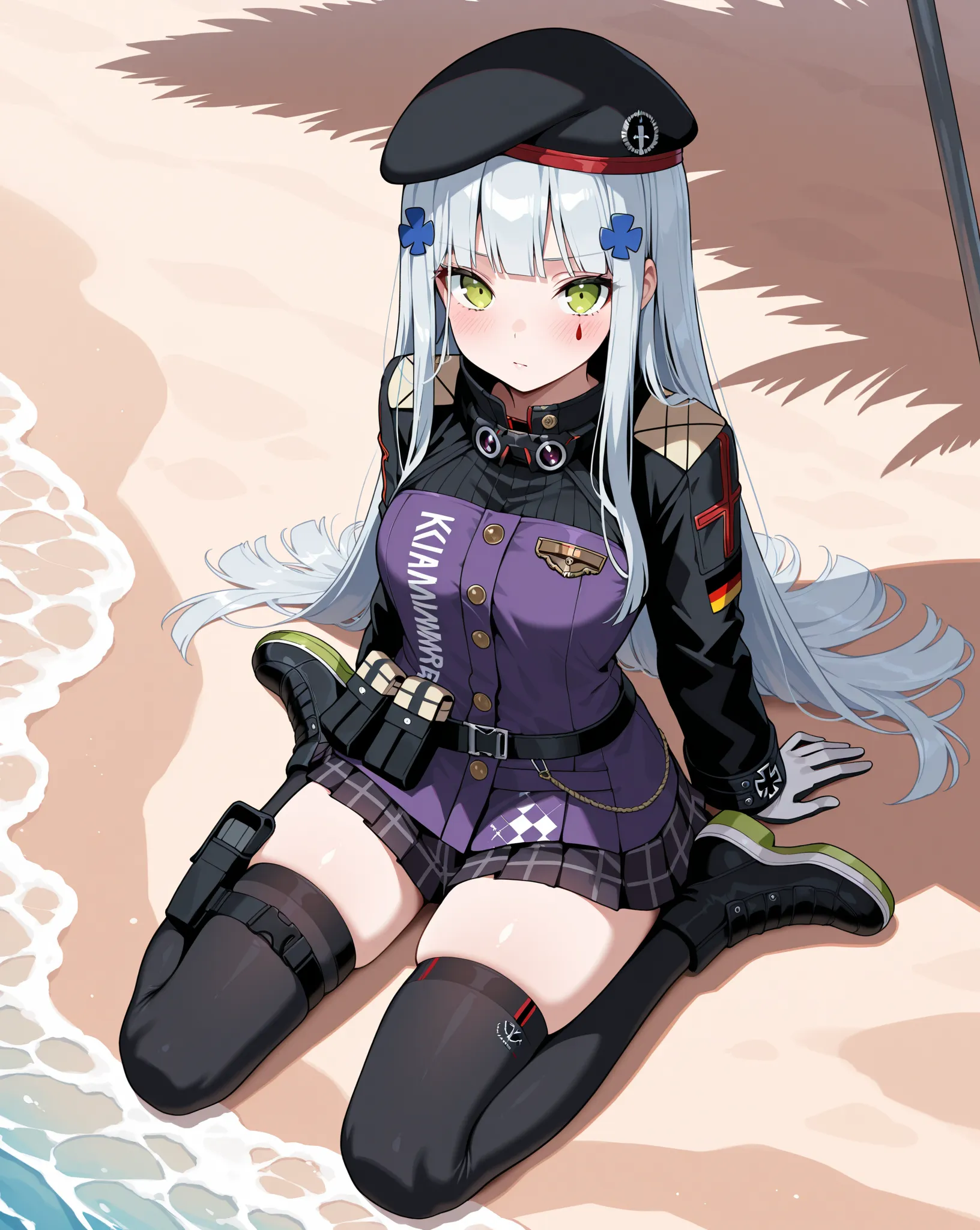 masterpiece, best quality, newest, small breasts, blush, HK416, hat,beret,black headwear,very long hair,white hair,x hair ornament,sidelocks,blunt bangs,green eyes,facial mark,teardrop, military jacket,purple jacket,clothes writing,uniform,white gloves,lon...