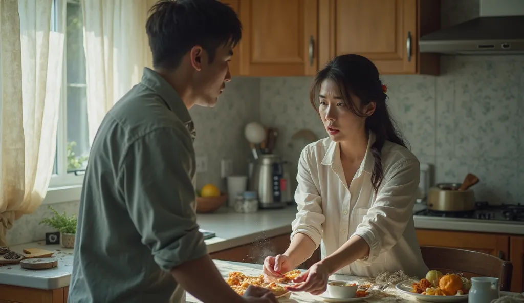 Husband who fails at housework、angry wife、30th Generation、Couple's Intense Arguing Scene, Wife's Furious Expression,Tsieh Ruff, 疲れた様子の30th Generationの夫婦, Kitchen Background, Spilled Food and Plates, Scattered laundry, Poor Lighting, Moist air feeling , Mas...