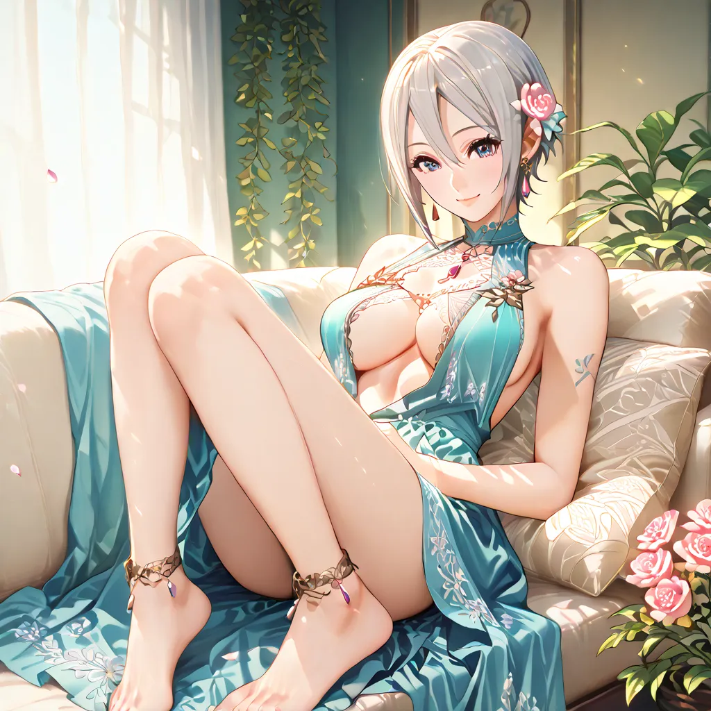 A stunning anime-style illustration of a young woman lounging on a luxurious outdoor sofa, surrounded by a breathtaking Mediterranean coastal landscape. She has a soft, warm smile and gazes gently towards the viewer while holding a delicate pink rose near ...