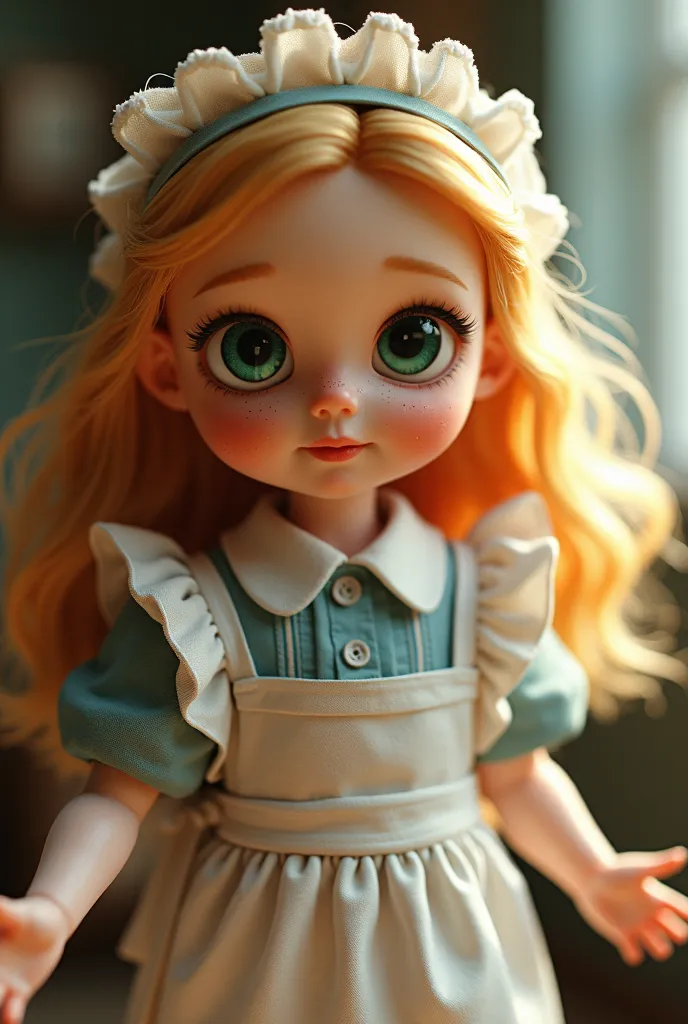 photorealism,   Doll （  green eyes, Natural Curl,  Gold, freckles, housekeeper style, smile,Kamehameha Hitting Poses）