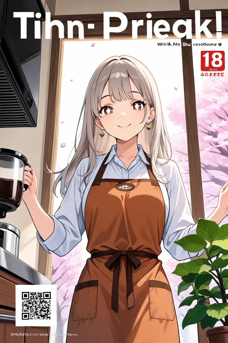 (from below:1.0),((1girl, silver hair, long hair, qutel blue eyes, beautiful eyes, pretty smile:1.5, ), coloring watercolor digital pencil ,Cherry blossoms falling,an animated painting of a woman in an apron standing at a coffee maker, 1girl, brown hair, s...