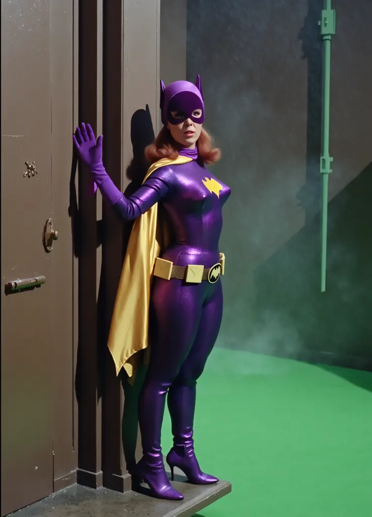 Masterpiece, Award Winning, High Quality, artgerm, solo, wearing retro Batgirl purple costume, full length purple catsuit, big breast, retro red hair, looking at viewer, makeup, yellow Batgirl cape, b4tg1rl woman, posing sexy, Yvonne Craig, sexy hungarian ...