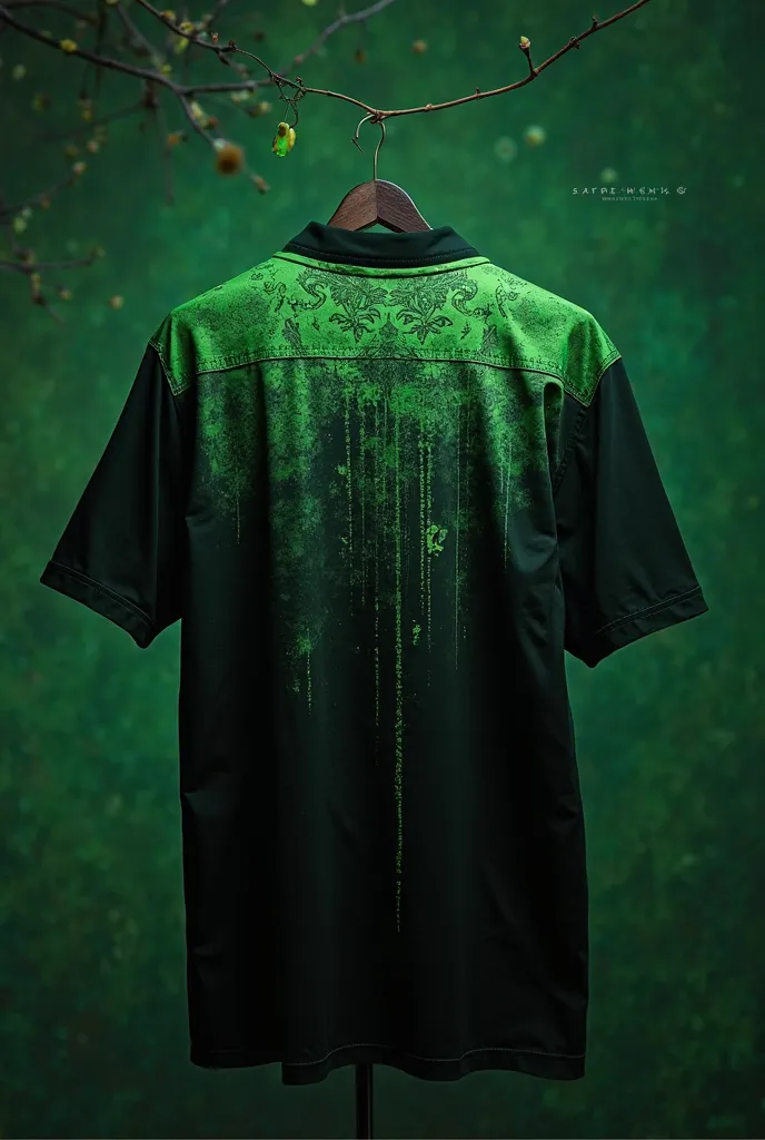 Create a black shirt shaded with green open it ,and woodworking furniture on the back with a watermark 