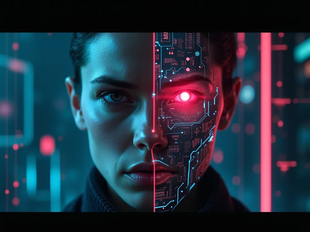 A futuristic and dramatic thumbnail for a YouTube video titled 'The AI Takeover Has Begun—And No One Noticed!'. The design should feature a realistic, intense human face, half of it transforming into a high-tech AI with glowing circuits. The human side sho...