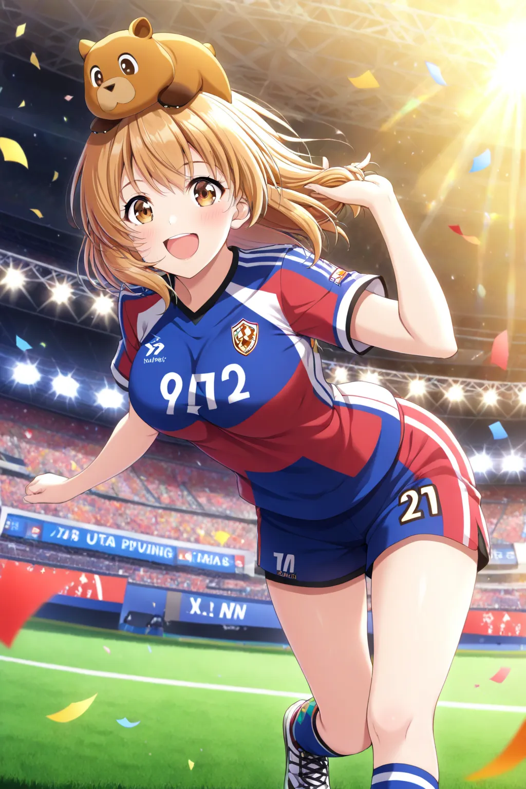 ((Masterpiece, Highest quality:1.2, ultra-detailed anime illustration, soft lighting, vibrant colors)).  

A **charming anime-style illustration** featuring a **cute capybara plush toy** being held by a **victorious young girl standing on a soccer podium**...