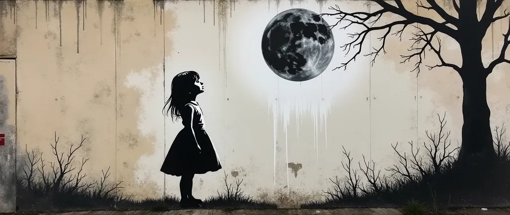 Graffiti art on a wall in London; drawing of a Girl looking at the Moon, drawn by Banksy.