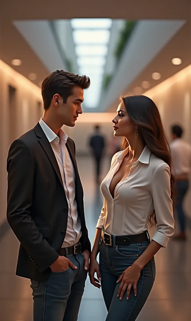 Sexy woman wearing office formal skintight shirt Tucked in skintight jeans and black buckle belt is flirting with a boy 