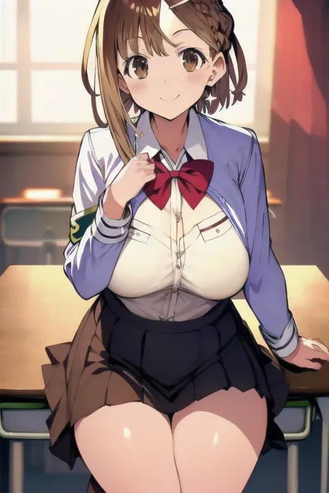 ライザリン・シュタウト,(masterpiece, best quality:1.2),2D, anime, Anime art, line art , watercolor,loli, 1 girl , chest, (large breasts),braid, (brown eyes), (brown hair), (reisalin stout), smile, solo, thighs,(school uniform:1.6), (long sleeve shirt:1.6),(skirt:1.6)