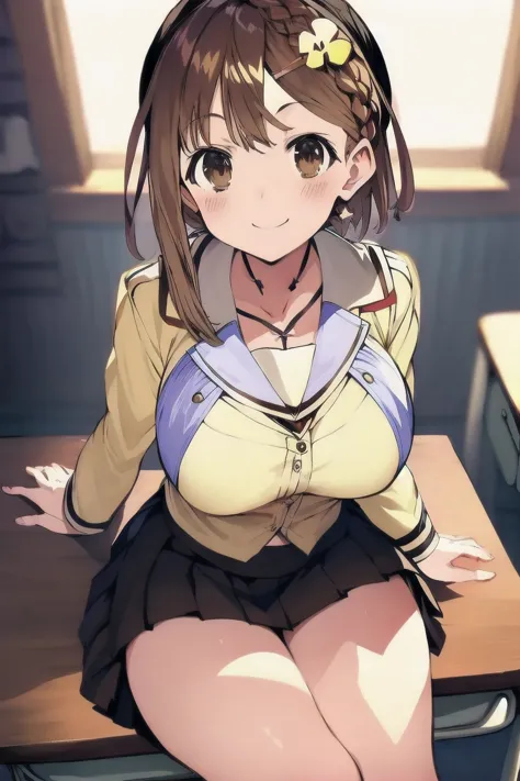 ライザリン・シュタウト,(masterpiece, best quality:1.2),2D, anime, Anime art, line art , watercolor,loli, 1 girl , chest, (large breasts),braid, (brown eyes), (brown hair), (reisalin stout), smile, solo, thighs,(school uniform:1.6), (long sleeve shirt:1.6),(skirt:1.6)