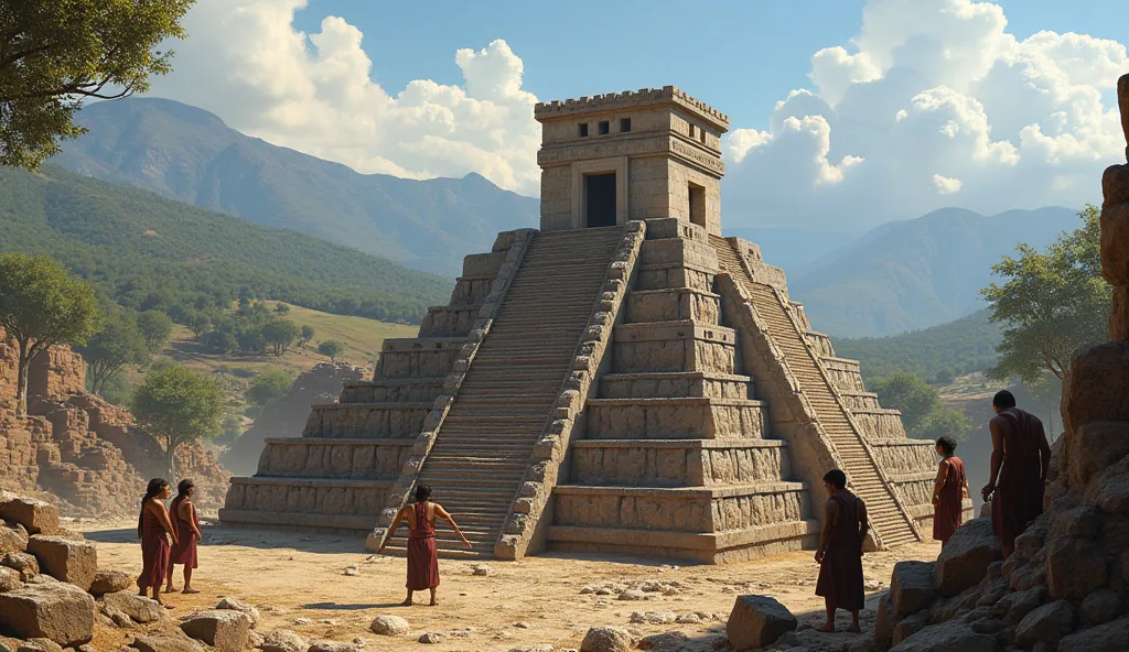 The beginning of the construction of the temple in Tepeyac, with faithful helping to erect the first stones.