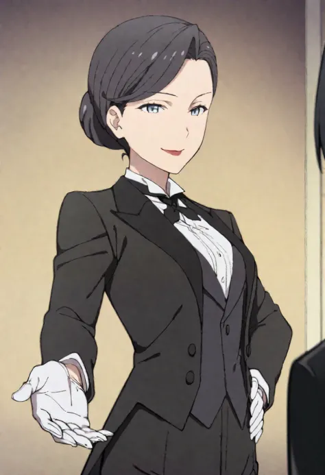 1girl,solo,mm,mature female,hair bun,black hair,blue eyes,lipstick,anime coloring, tuxedo tailcoat, butler, hand on hip, woman in a formal suit,she's looking at the camera with a calm smile,,, indoors,smile,, gloves ,masterpiece,best quality,amazing qualit...