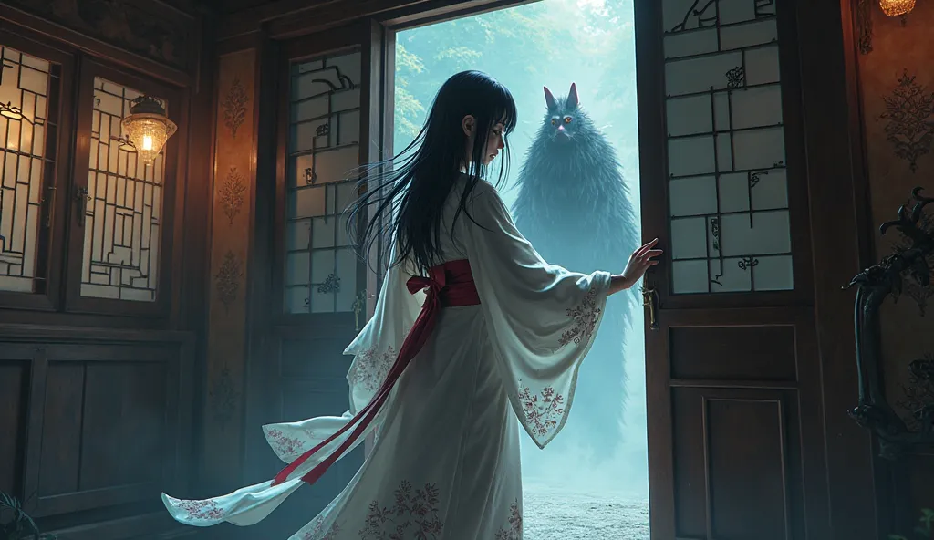 beautiful realistic anime girl stands with her back and opens the door, and behind her hides the evil monster oni