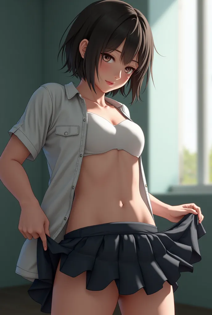 , realistic, school uniform, lifting skirt, no panties, open shirt, showing nipples, flat chest, shy expression 