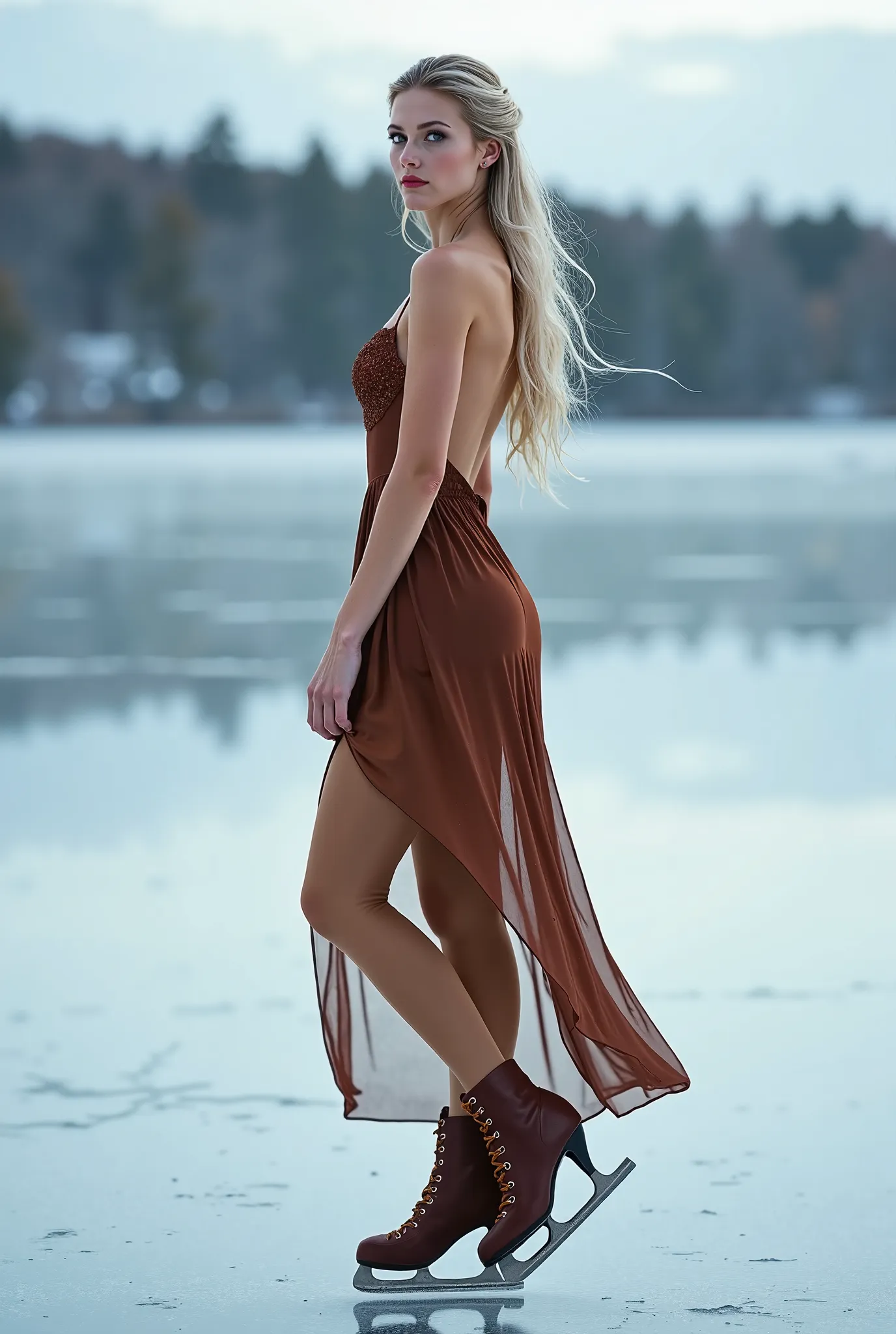 Ultra-realistic, photo-realistic, a Swedish ice queen, brown figure skater dress, suntan pantyhose, brown high heel ice skates, standing on a frozen lake 