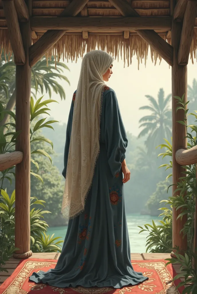 Woman with hijab facing back in cabana 