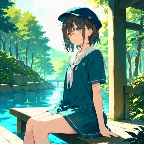 (masterpiece), (best quality), (ultra-detailed),artist:kokonoka, 1girl, short hair, cap, glasses, sitting, outdoors, very aesthetic illustration,cinematic lighting