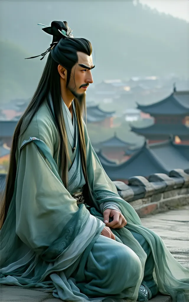 handsome man, with long hair,wearing traditional chinese clothes,looks cold,but the handsome sngat,is sitting looking at the beautiful view of the village from the top of the hill