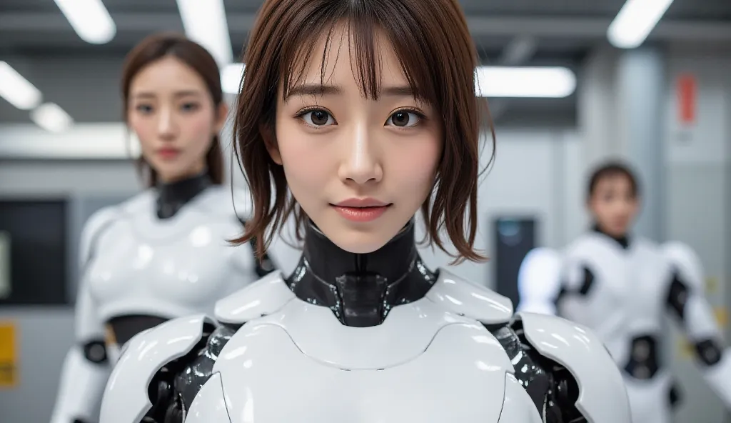 masterpiece, best quality, very detailed, portrait,Japaese アンDroid girl,plump,A little thick, control panel,アンDroid,Droid,Mechanical Hand, ,Robotic arms and legs,   black hair,Machine, Blunt Bang,White robot parts,Perfect robot woman,Charging Spot,Long tub...