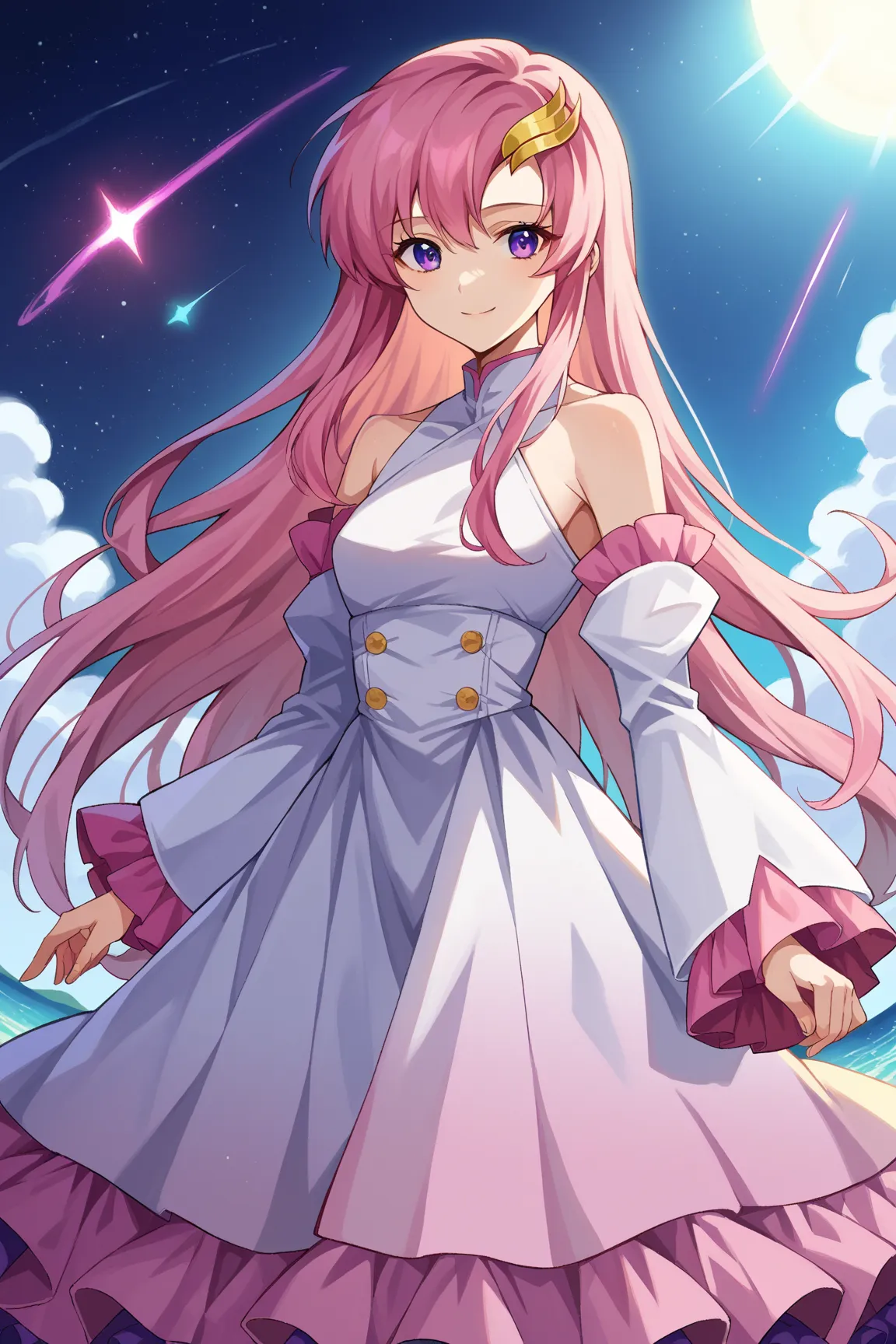 score_9, score_8_up, score_7_up, source_anime,
lacusclyne, lacus clyne, purple eyes, hair ornament, long hair, wave hair ornament, pink hair, smile,
dress, long dress, long sleeves, white sleeves, frills frilled skirt, frilled sleeves, detached sleeves, ba...