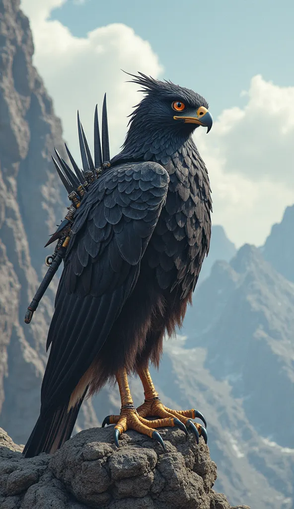 "A realistic, high-definition depiction of an anthropomorphic falcon-human hybrid standing at the edge of the mountain peak, its powerful wings catching the updraft. Its sleek, armored body is wrapped in dark, feathered garments, its taloned feet gripping ...