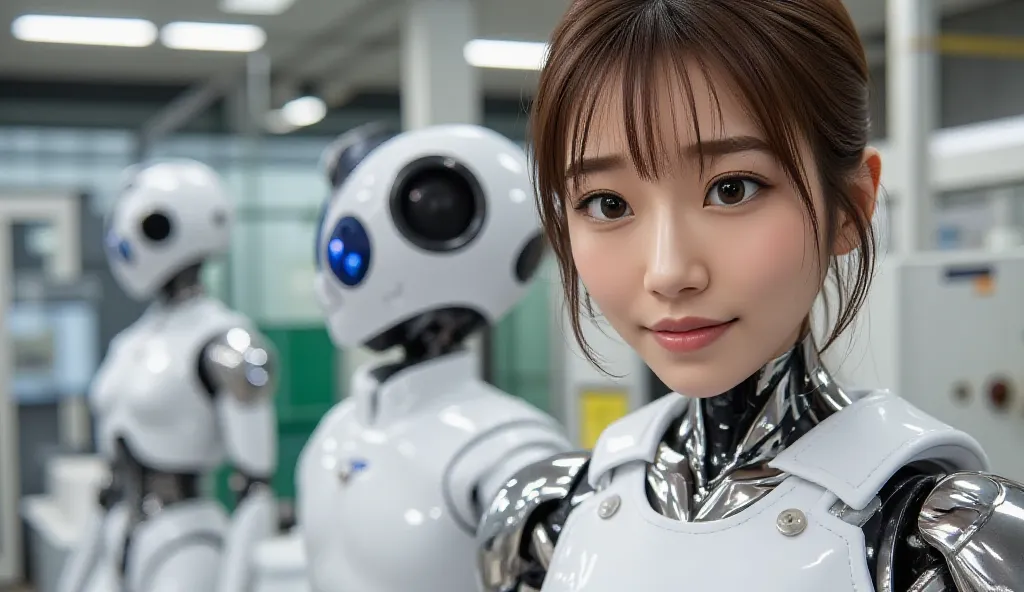 masterpiece, best quality, very detailed, portrait,Japaese アンDroid girl,plump,A little thick, control panel,アンDroid,Droid,Mechanical Hand, ,Robotic arms and legs,   black hair,Machine, Blunt Bang,whiteいロボット部品,Perfect robot woman,Charging Spot,Long tube,A t...