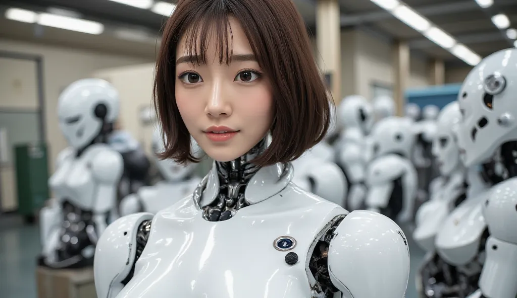 masterpiece, best quality, very detailed, portrait,Japaese アンDroid girl,plump,A little thick, control panel,アンDroid,Droid,Mechanical Hand, ,Robotic arms and legs,   black hair,Machine, Blunt Bang,whiteいロボット部品,Perfect robot woman,Charging Spot,Long tube,A t...