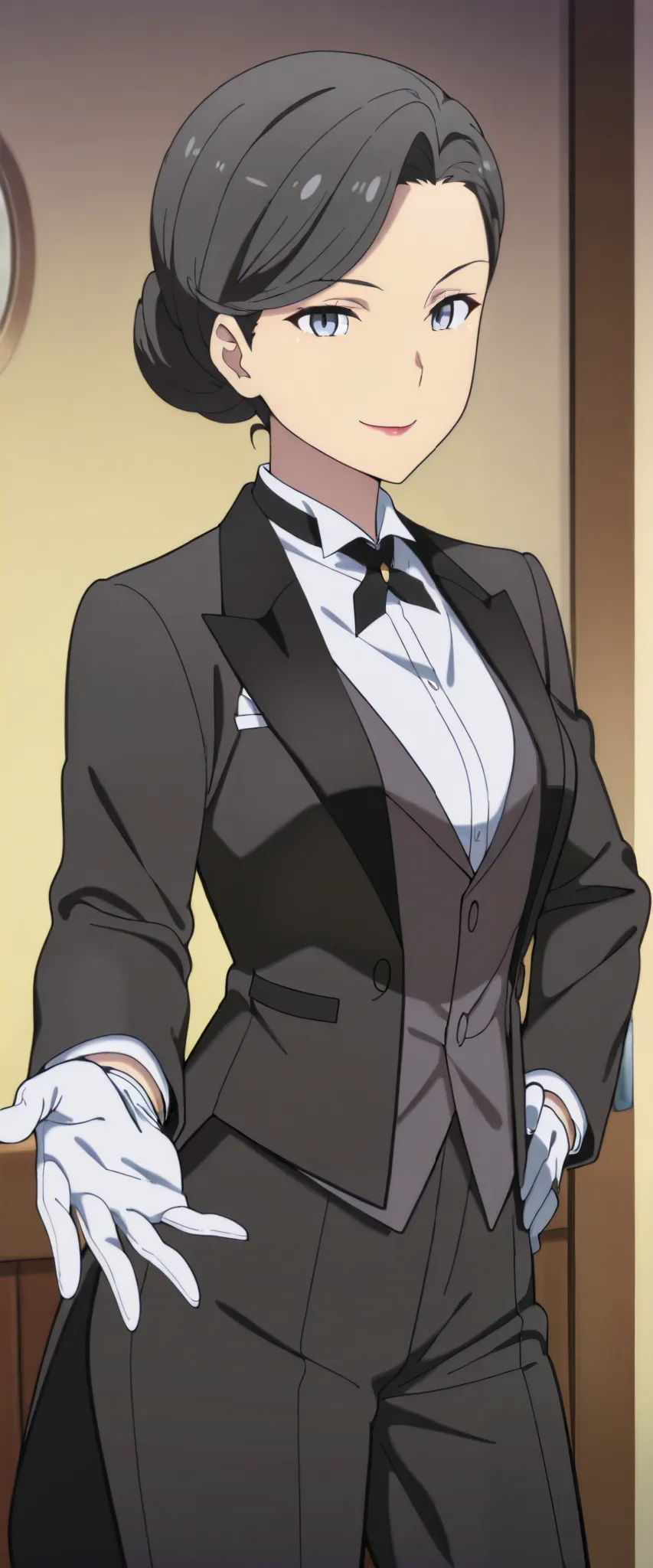 1girl,solo,mm,mature female,hair bun,black hair,blue eyes,lipstick,anime coloring, tuxedo tailcoat, butler, pants ,hand on hip, woman in a formal suit,she's looking at the camera with a calm smile,,, indoors,smile,, gloves ,masterpiece,best quality,amazing...