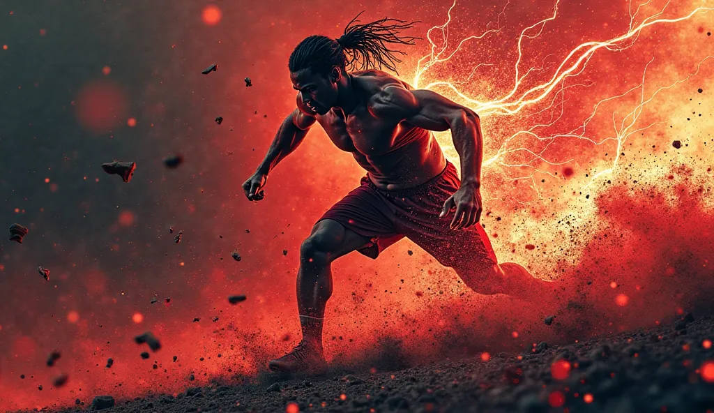 Create a dynamic, energetic album cover that embodies the spirit of overcoming obstacles and relentless forward movement. The design should feature bold, powerful imagery of a warrior or athlete in action, with elements of electricity, fire, and motion. Th...