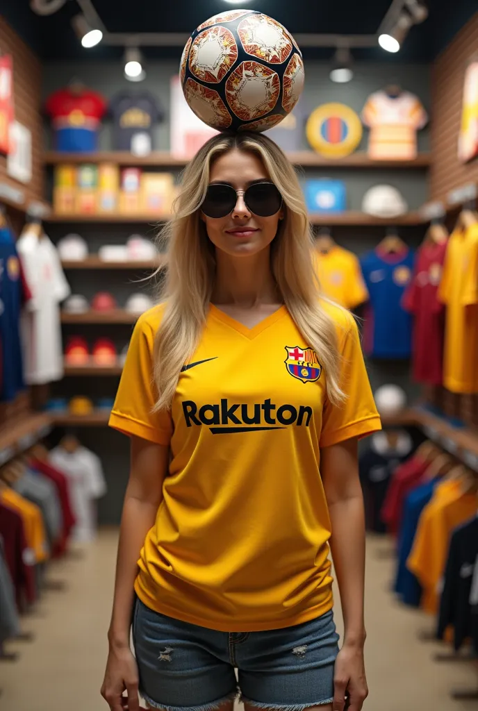 Beautiful images: blond woman with sunglasses, the golden FC Barcelona T-shirt with a soccer ball on her head in a soccer store
