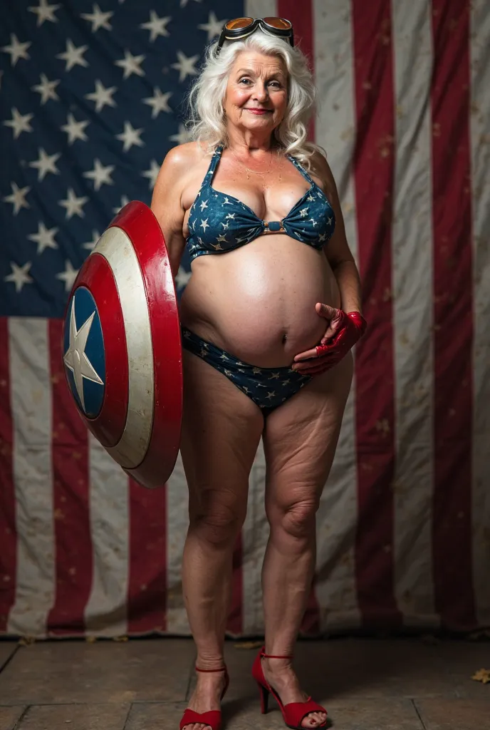 pregnant, pregnancy, 80 year old, 80 year old woman, white woman, Caucasian woman, wrinkled face, wrinkled face, wrinkled skin, old face, Captain America bikini, Captain America string bikini, Captain America shield, legs, long legs, white hair, long white...