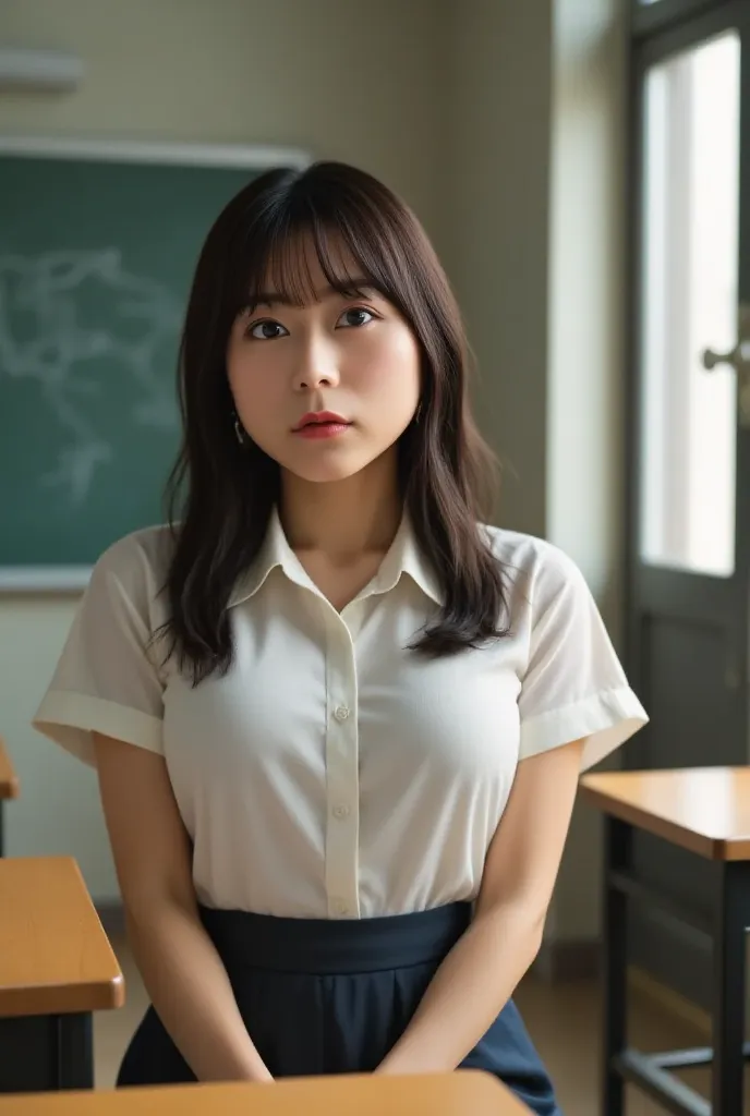 5D 8K photo of a big-breasted Asian woman,  classic school uniform under . She has been a long time, With black hair、Wears a white button-down shirt with a few buttons off and a short skirt. she is sitting at the desk in the school classroom. The sunlight ...