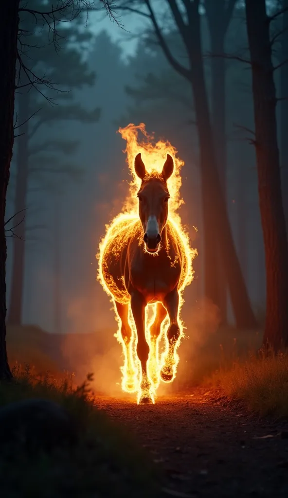 cinematic style: Cinematic shot of a mule that instead of a head has flames galloping through a dark and misty forest at night. The scene is illuminated by the intense flames emanating from the mule's body, casting eerie shadows on the surrounding trees. T...