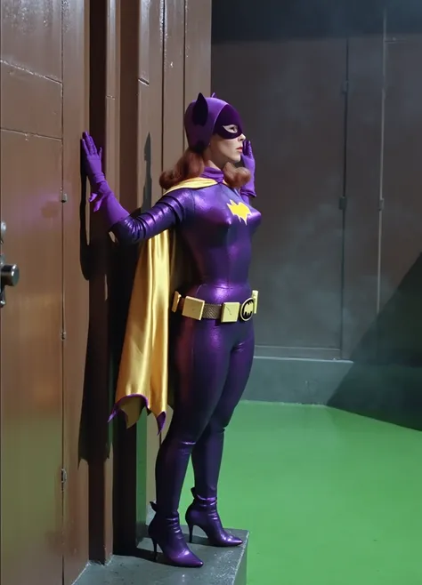 Masterpiece, Award Winning, High Quality, artgerm, solo, wearing retro Batgirl purple costume, full length purple catsuit, big breast, retro red hair, looking at viewer, makeup, yellow Batgirl cape, b4tg1rl woman, posing sexy, Yvonne Craig, sexy hungarian ...