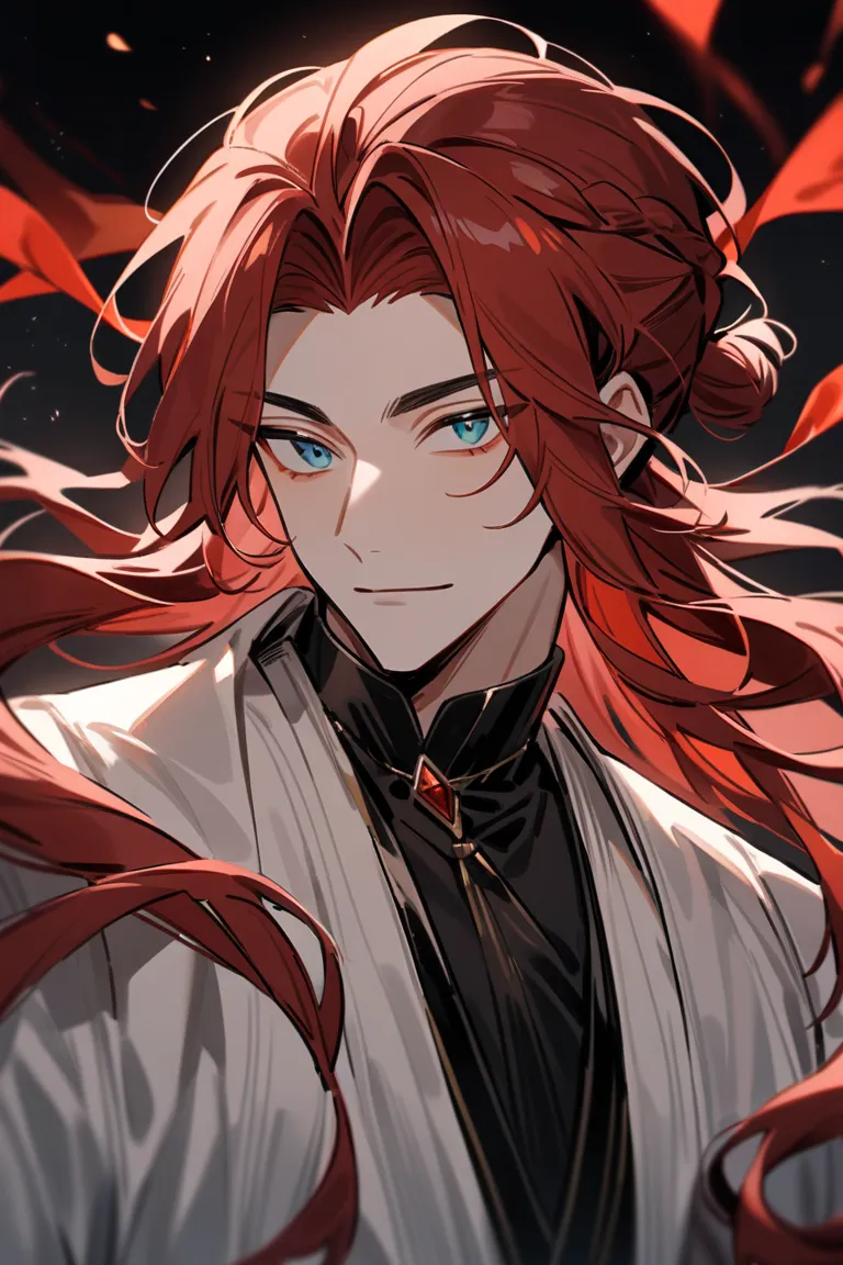 A man A handsome red-haired man with a green left eye and a blue right eye. His hair is long and braided into a small bun.