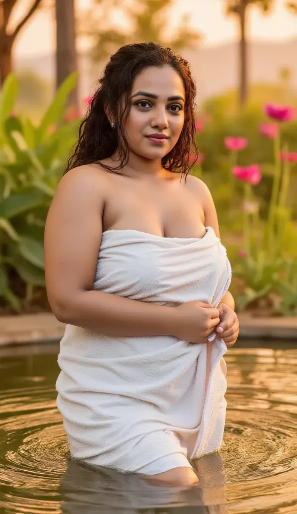 A middle-aged Indian woman with a radiant, natural beauty, emerging gracefully from a serene, lotus-filled pond in a lush, tropical forest. Her skin glistens with water droplets, reflecting the golden sunlight filtering through the dense canopy of ancient ...