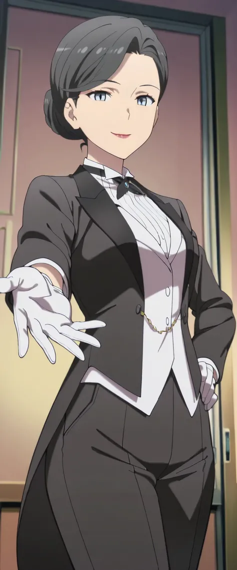 1girl,solo,mm,mature female,hair bun,black hair,blue eyes,lipstick,anime coloring, tuxedo tailcoat, butler, pants ,hand on hip, woman in a formal suit,she's looking at the camera with a calm smile,,, indoors,smile,, gloves ,masterpiece,best quality,amazing...