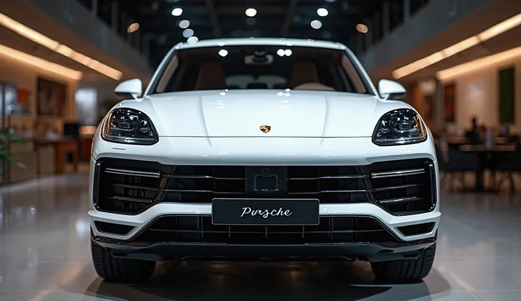 A close-up front  view of a painted full Blow 2025 pursche  cayenne couple sedan in a luxury showroom. The car features a sleek angular sporty design with shiny White paint, low suspension almost touching the gleaming black showroom floor, and detailed ele...