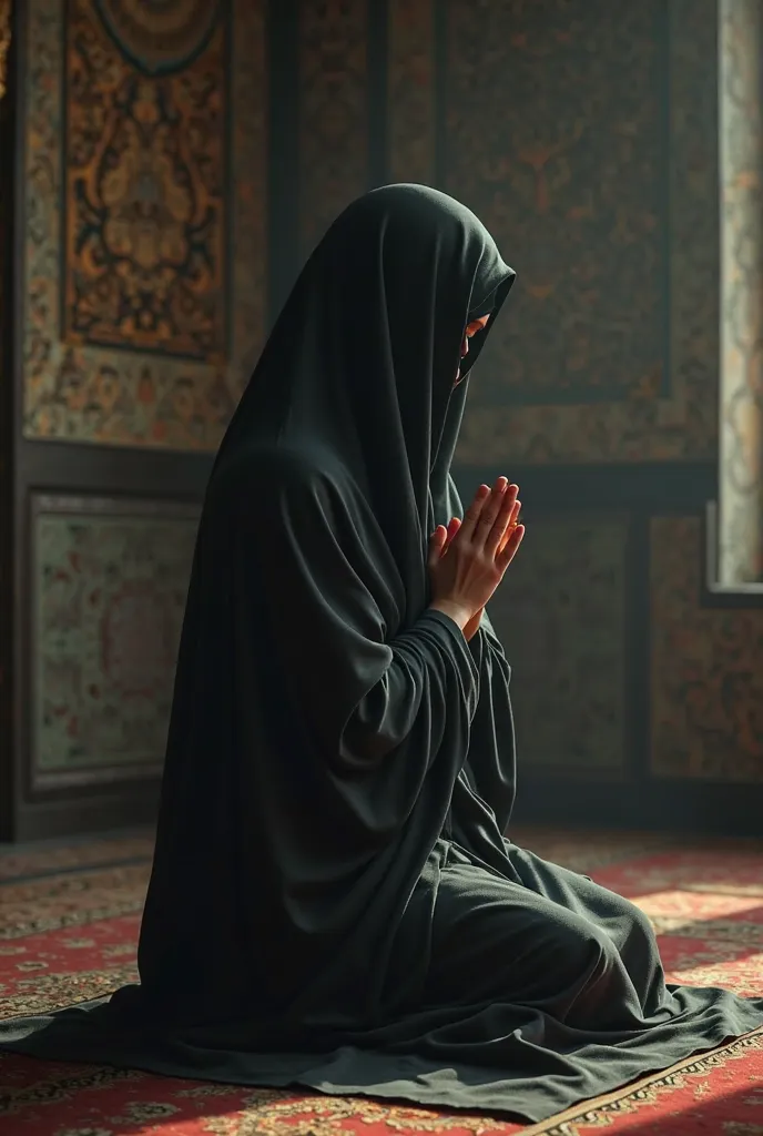 A woman wearing a burqa prays.