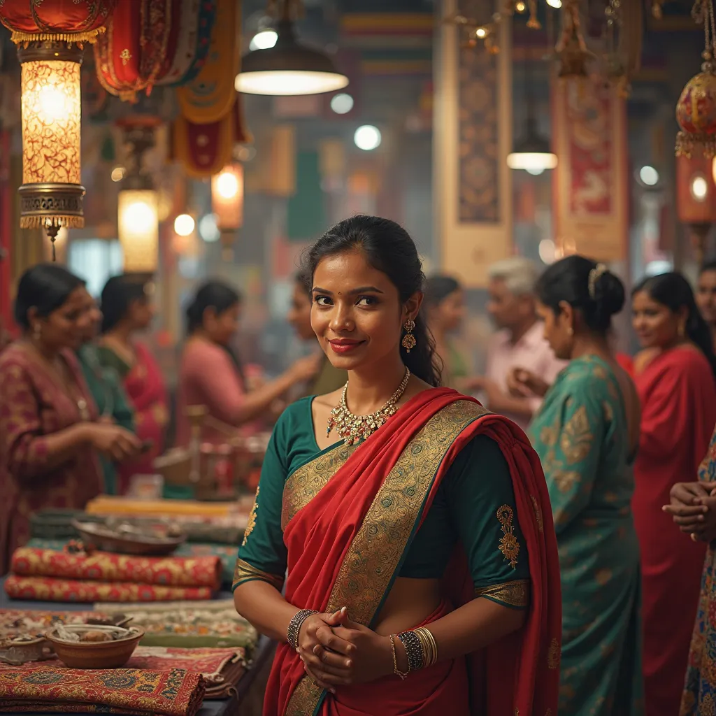 Hd image of lady sales staff in textile ahowroom in kerala, dealing cistomers, in uniform, in a formal look