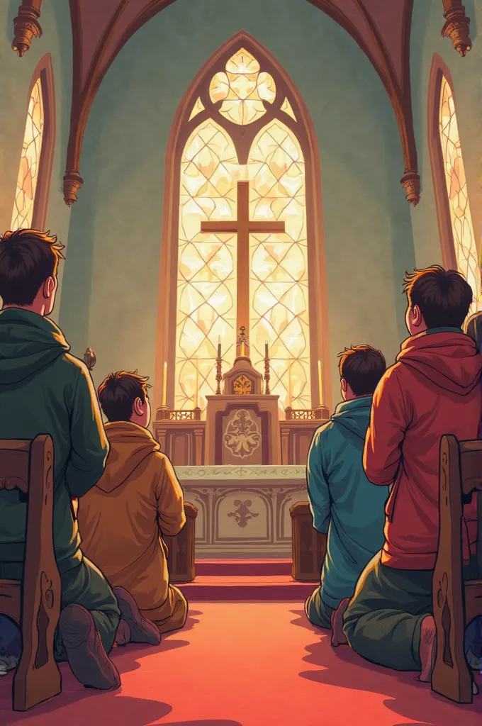 People in a Christian church praying on their knees,  cartoon