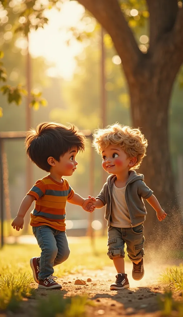 "A montage of two young boys, Sam and Leo, around , playing together in a lively park bathed in warm afternoon sunlight. The scene starts with them laughing as they race toward the swings, their sneakers kicking up small clouds of dust. Sam, with his round...