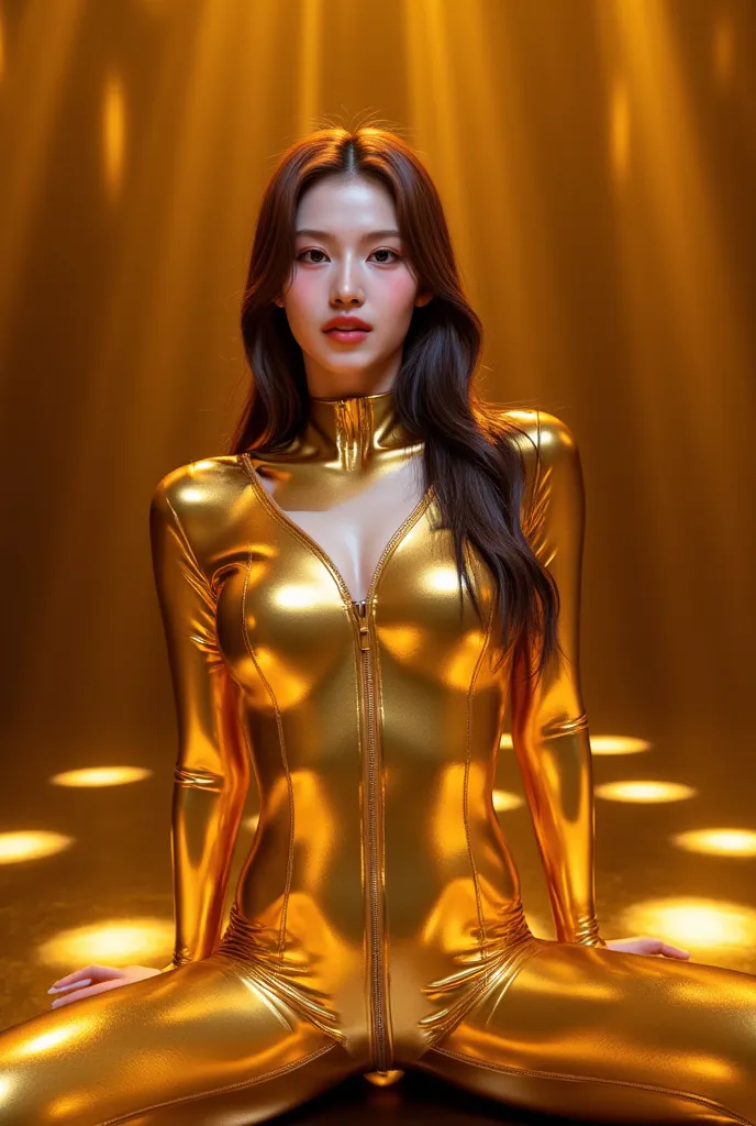  Sit on stage、young woman, full body、Attractive Body Line、gold metallic latex bodysuit、 shiny metallic latex fabric、((Open legs are a special skill and will be shown here))