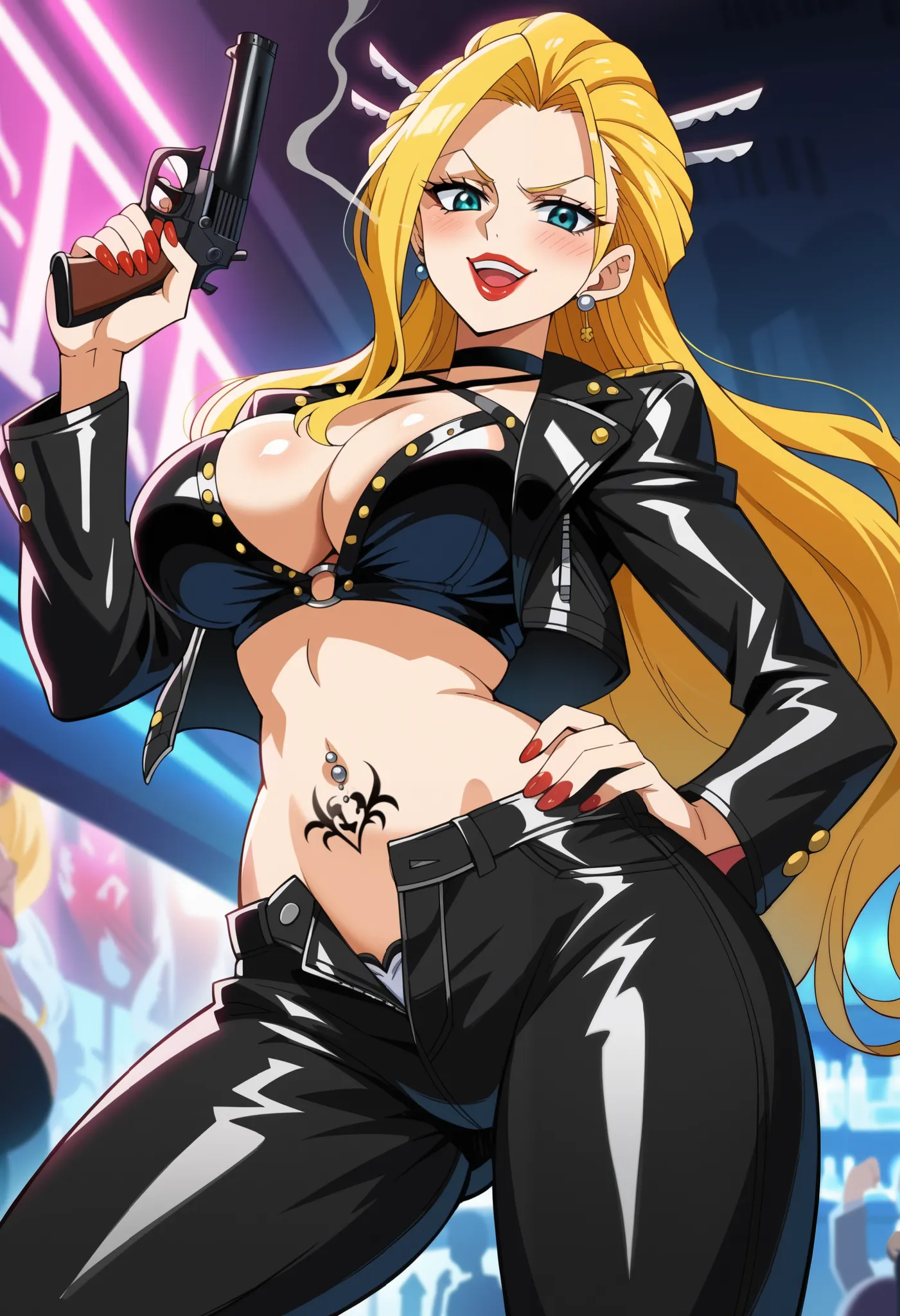 score_9, score_8_up, score_7_up, source_anime, black maria, blue eyes, long hair, blonde hair, large breasts, lips, eyelashes, makeup, lipstick, anime screencap,  smug, , ear piercing, long hair, blush, lipstick,Hot girl, baddie, smoking, sensual, attracti...