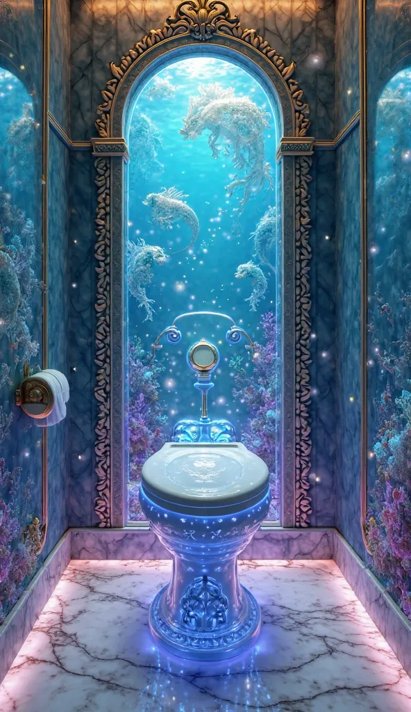 Imagine a marine toilet that transports the user to a fantasy-inspired underwater kingdom. The transparent surfaces showcase magical sea creatures such as shimmering mermaids, translucent sea dragons, and glowing enchanted corals. The water has a dreamy ir...