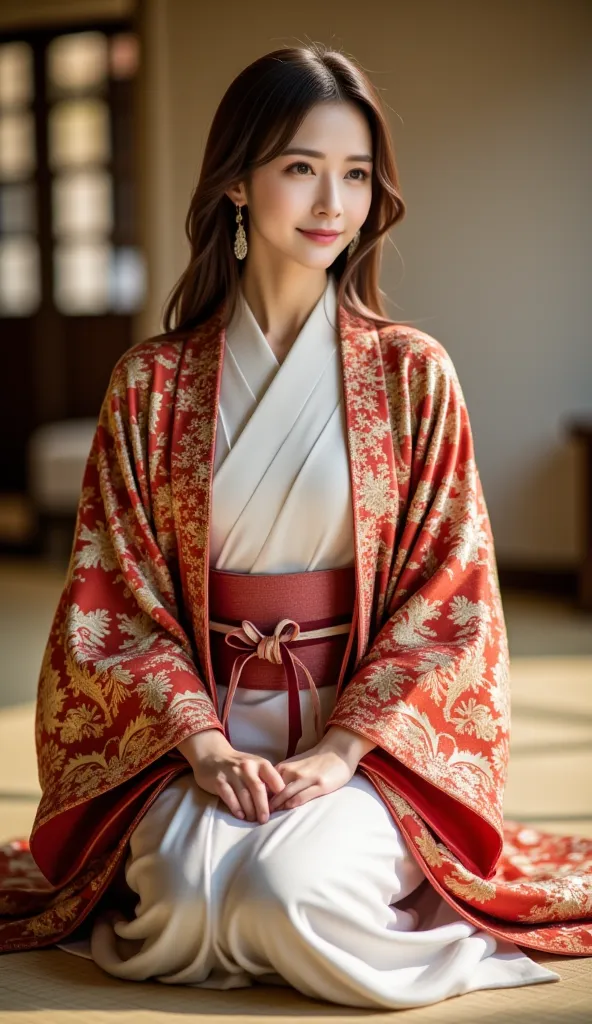 a portrait of a east-asian woman sitting on a tatami mat floor. she is wearing a japanese robe over white kimono.the robe is intricate complex and elegantly printed.